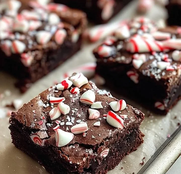 Decadent peppermint brownies topped with rich chocolate and swirls of peppermint