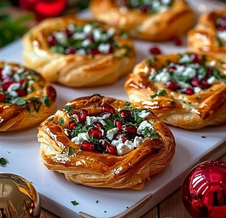 Pomegranate, Feta & Herb Puff Wreaths on a wooden table
