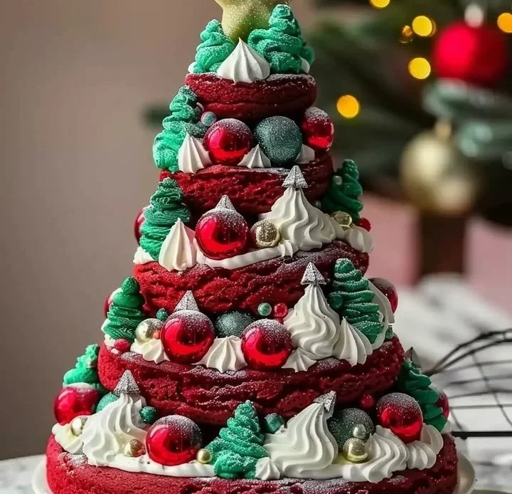 Red Velvet Christmas Tree Cake decorated for the holiday season
