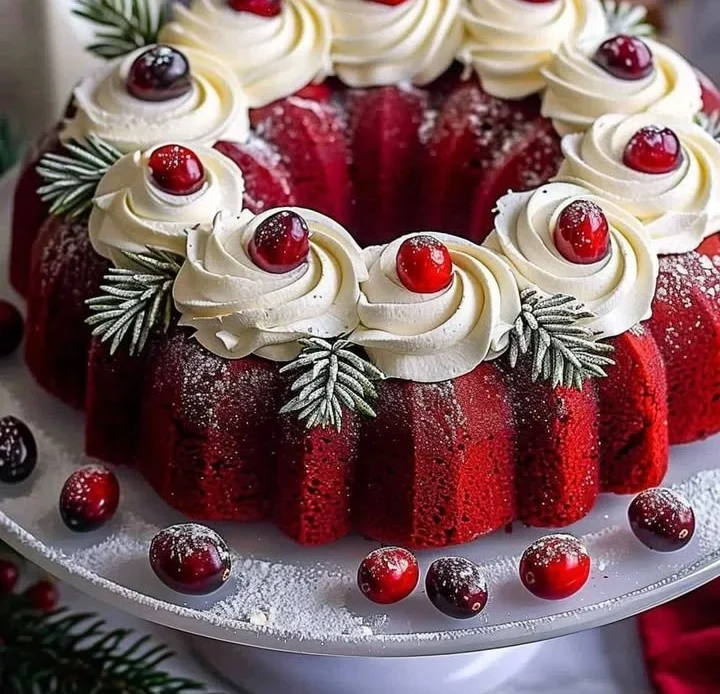 Red Velvet Wreath Cake with cream cheese frosting decorated for festive occasions