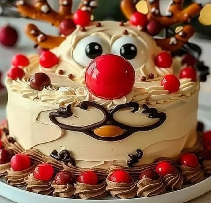 Rudolph’s Delight Cake decorated with festive holiday elements.