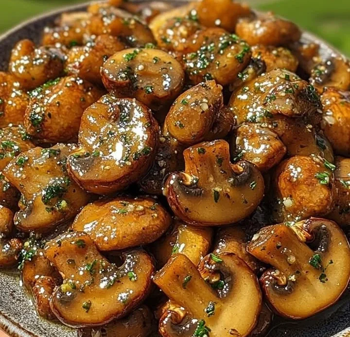 Serving of sauteed mushrooms with garlic butter on a plate