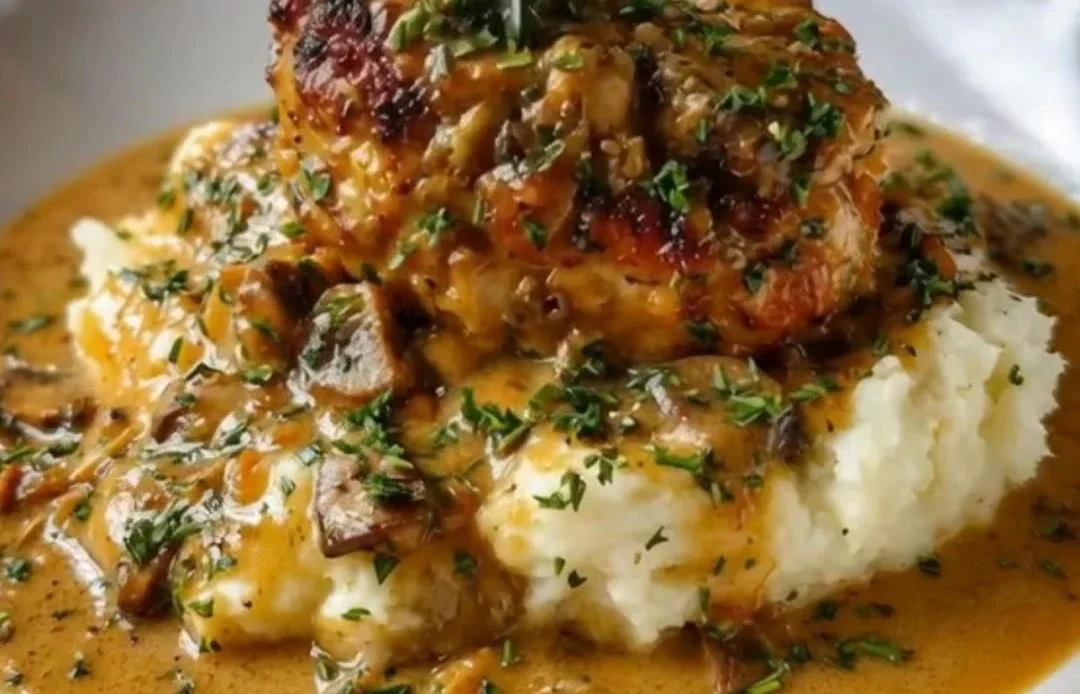 Delicious smothered chicken thighs served with savory gravy