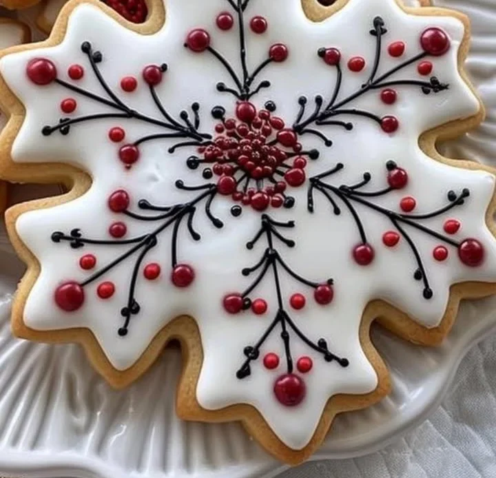 Snowflake holiday sugar cookies decorated with royal icing and berry design