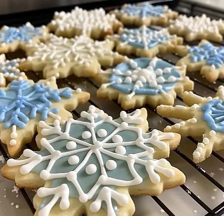 Plate of beautifully decorated Snowflake Sugar Cookies perfect for winter celebrations.