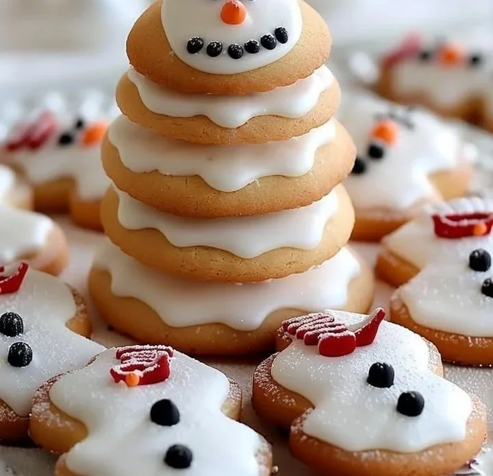 Decorative snowman stacked sugar cookies decorated for the holidays