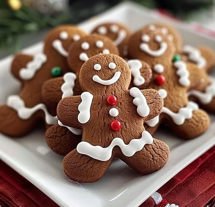 Soft and chewy gingerbread men cookies on a festive plate