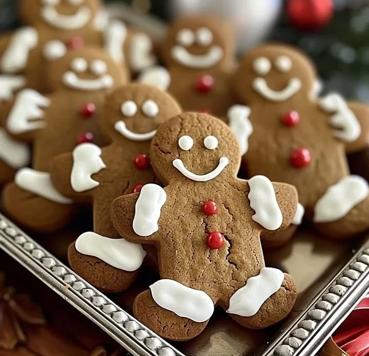Delicious soft and chewy gingerbread men cookies on a festive plate