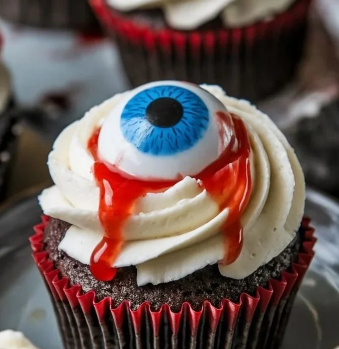 Spooky Halloween Eyeball Cupcakes decorated with creepy eyeballs and spooky details.