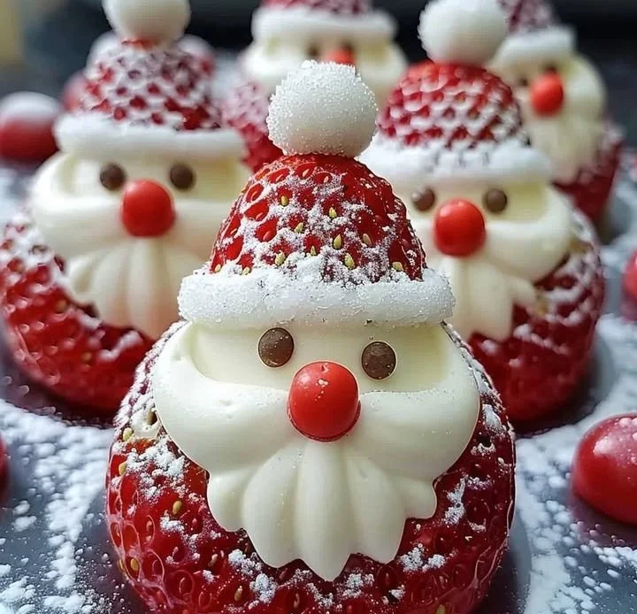 Delicious Strawberry Santas adorned with whipped cream and chocolate