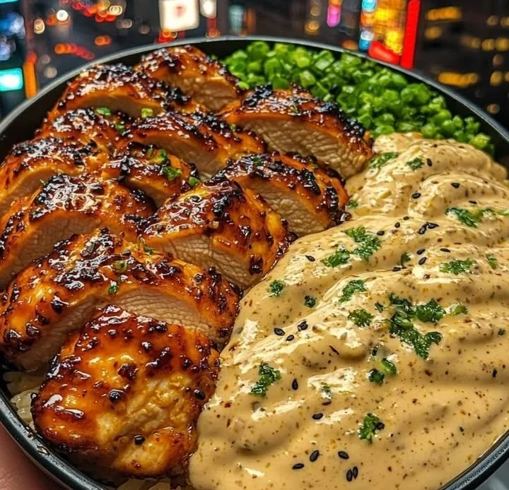 Sweet teriyaki chicken rice bowl with creamy ginger drizzle
