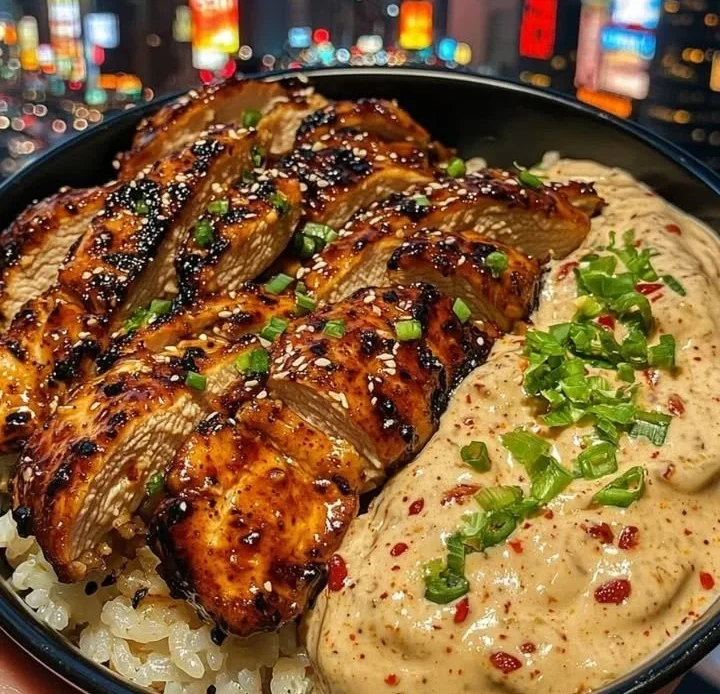 Teriyaki chicken rice bowl with chili lime cream and fresh veggies