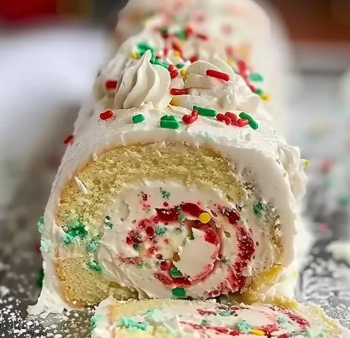 Vanilla Christmas Roll Cake with festive decorations and cream filling
