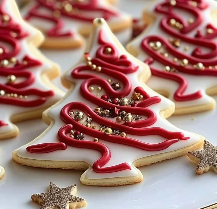 Velvety red holiday tree cookies decorated for festive celebrations