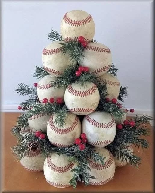Baseball Christmas Tree decorated with baseball-themed ornaments and lights