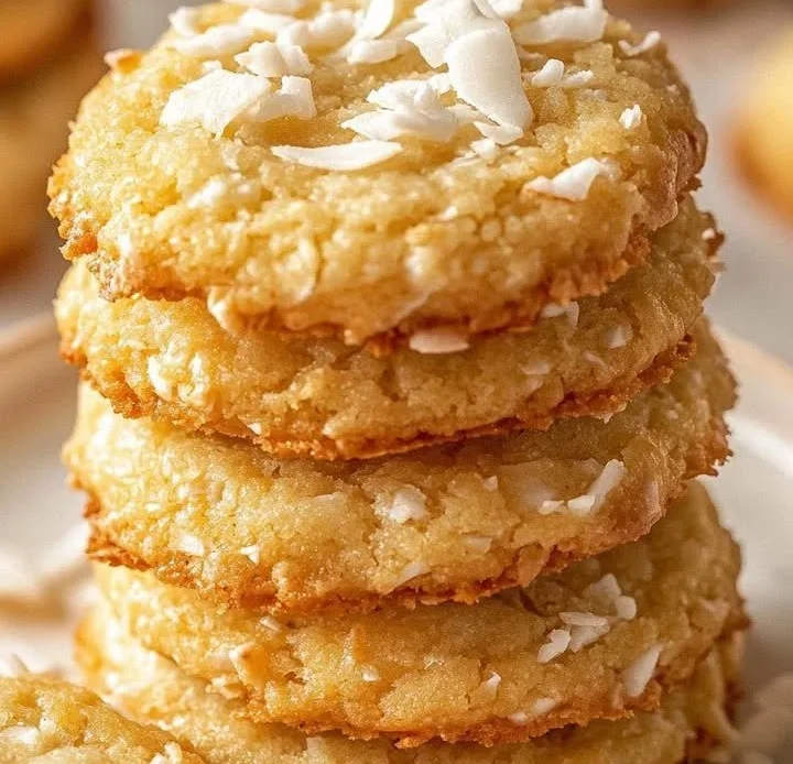 Plate of chewy coconut cookies topped with shredded coconut.