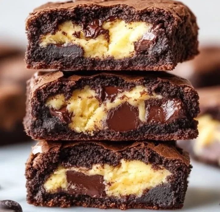 Chocolate Cheesecake Cookies stacked on a plate with chocolate drizzle