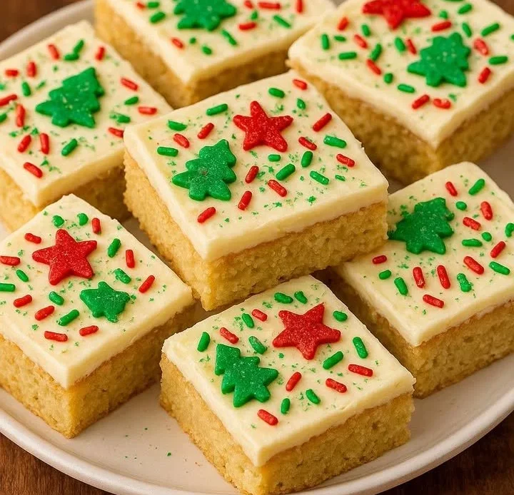 A tray of festive Christmas cookie bars decorated with icing and sprinkles.