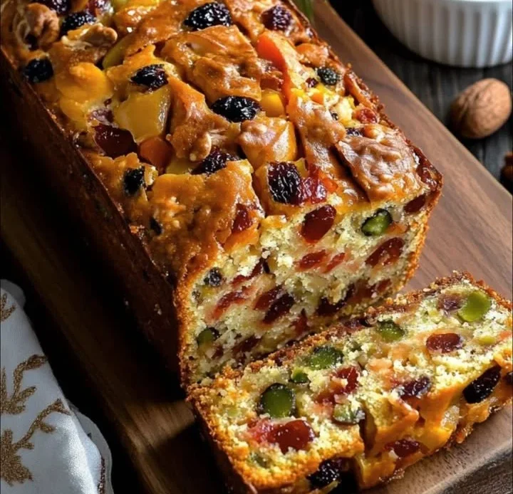 Delicious homemade Christmas fruit cake loaf with dried fruits and nuts