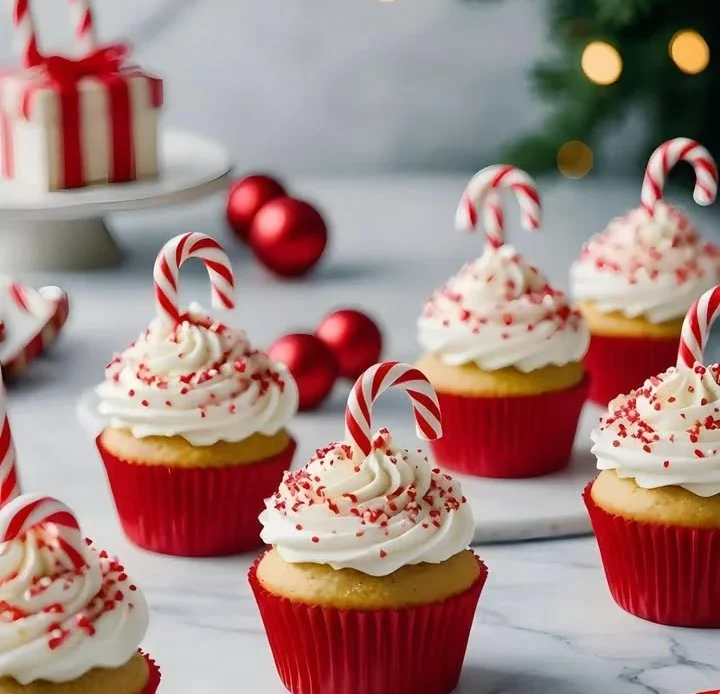 Delicious Christmas vanilla cupcakes decorated with festive toppings