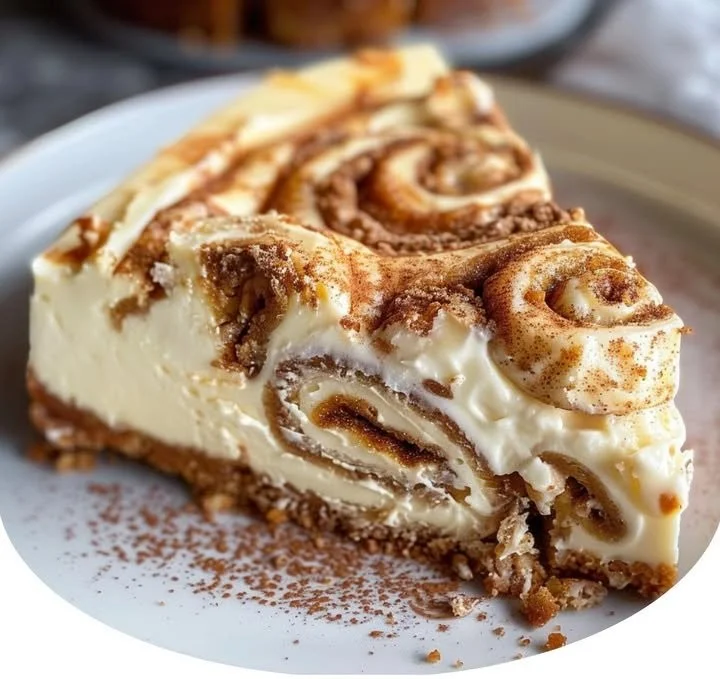 Delicious cinnamon roll cheesecake topped with cream and cinnamon swirls