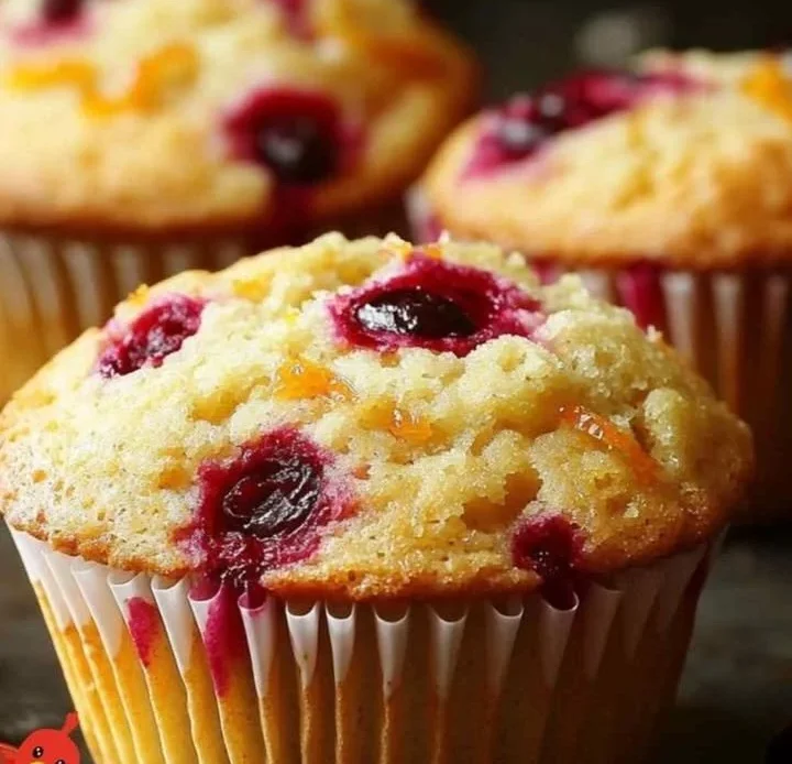 Freshly baked Cranberry Orange Muffins on a wooden table