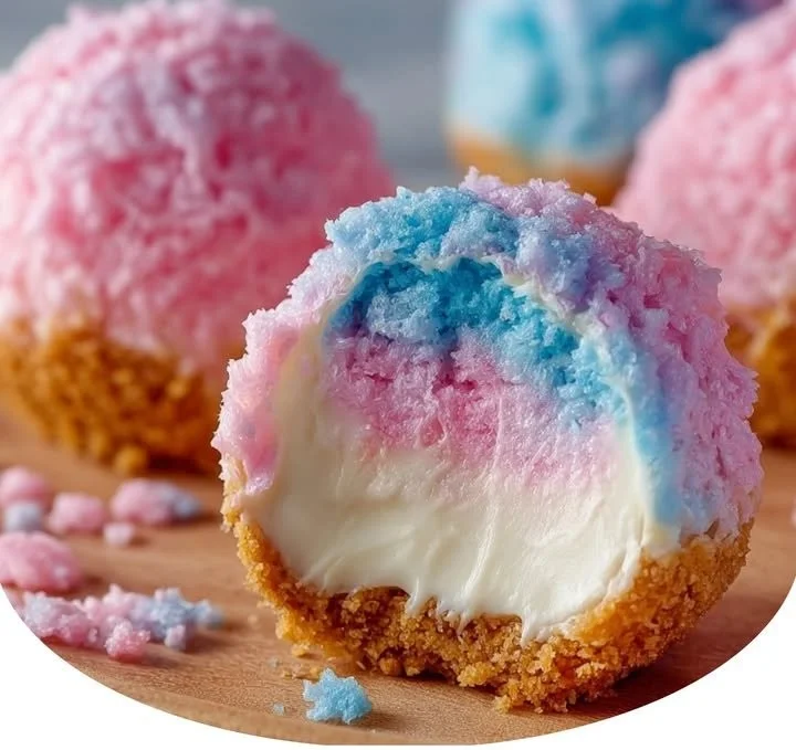 Crispy Cotton Candy Cheesecake Bombs dessert with fluffy cotton candy topping