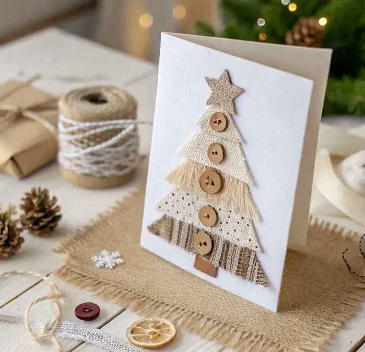 DIY Christmas card with fabric tree decoration and wooden buttons.