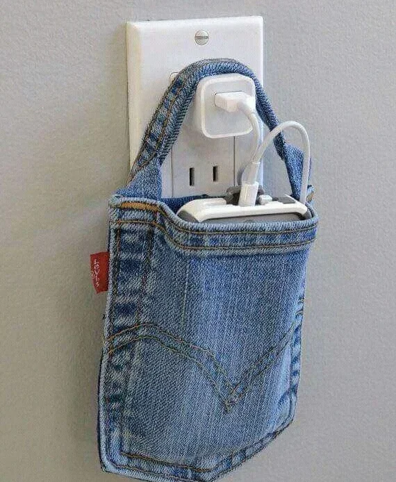 DIY denim charging station pocket for organizing devices and chargers