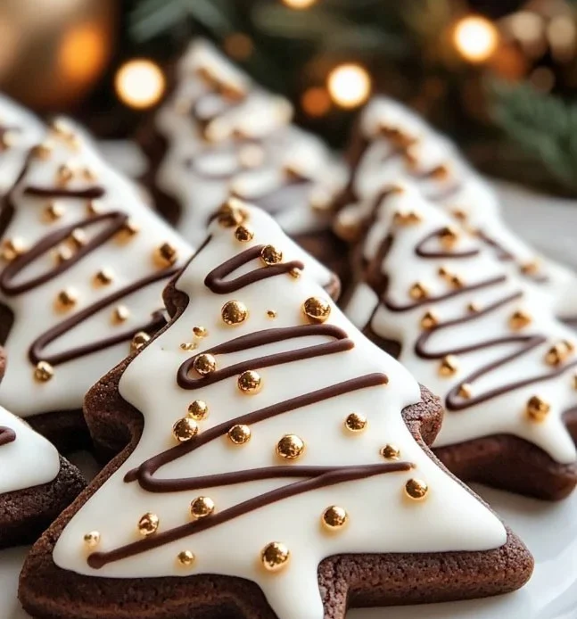 Festive Espresso Cream Holiday Tree Cookies decorated with festive icing.