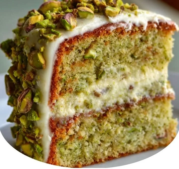 Luscious pistachio cream cake topped with nuts and cream.