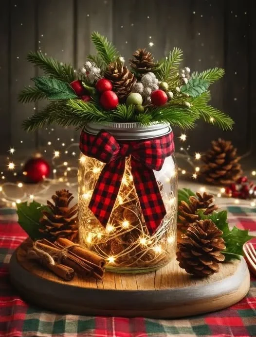 Mason jar Christmas centerpiece with festive decorations and seasonal elements.
