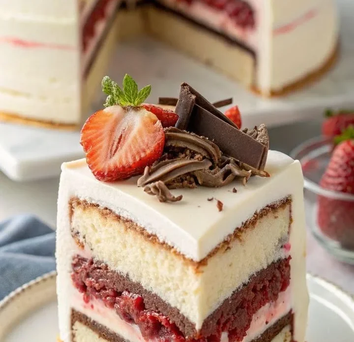 Delicious Neapolitan cake with layers of chocolate, vanilla, and strawberry filling