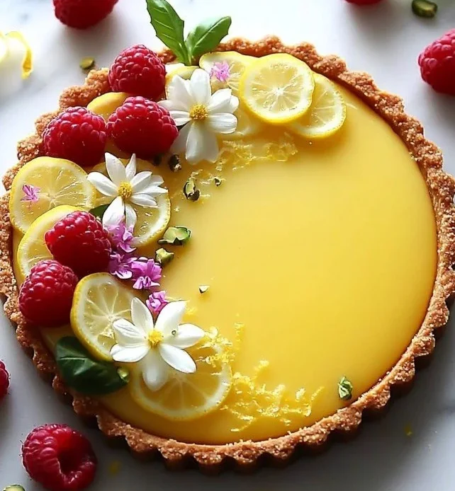 No-bake lemon tart topped with fresh raspberries and basil leaves