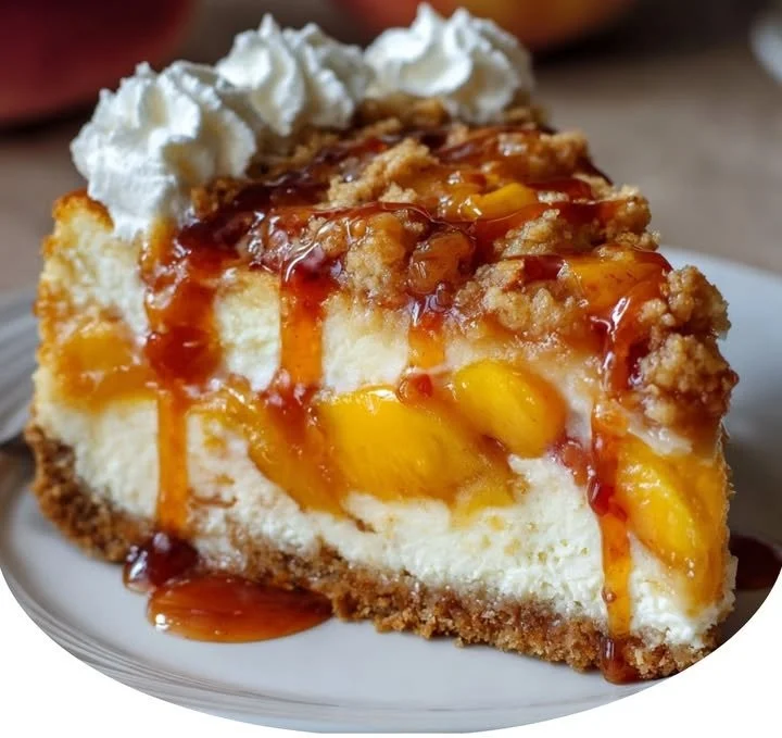 Delicious Peach Cobbler Cheesecake topped with fresh peaches and crumbly crust