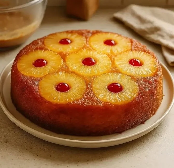 Delicious Pineapple Upside Down Cake with caramelized pineapple topping