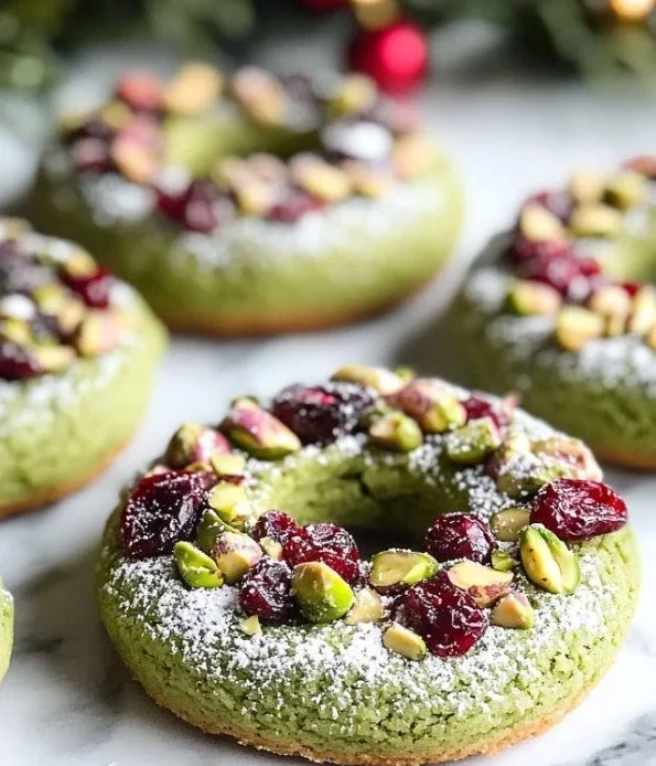 Pistachio Cranberry Wreath Cookies decorated with nuts and cranberries.