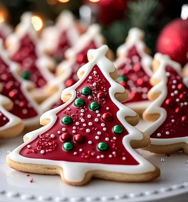 Delicious red velvet Christmas tree cookies decorated with icing for the holidays.