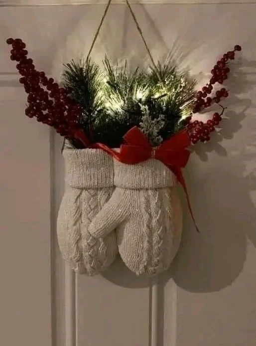 Unique door wreath decorated with reused old gloves