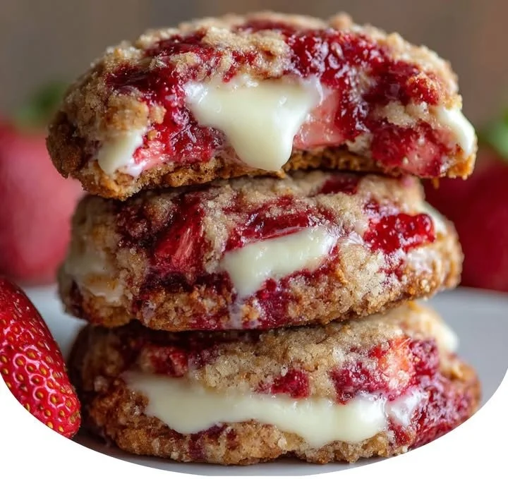 Freshly baked Strawberry Cheesecake Cookies with strawberries and cream cheese frosting.