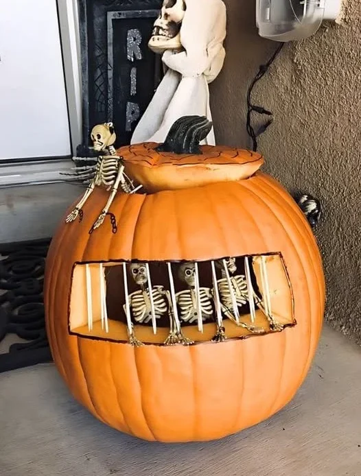 Eerie depiction of trapped souls in a haunting pumpkin prison.