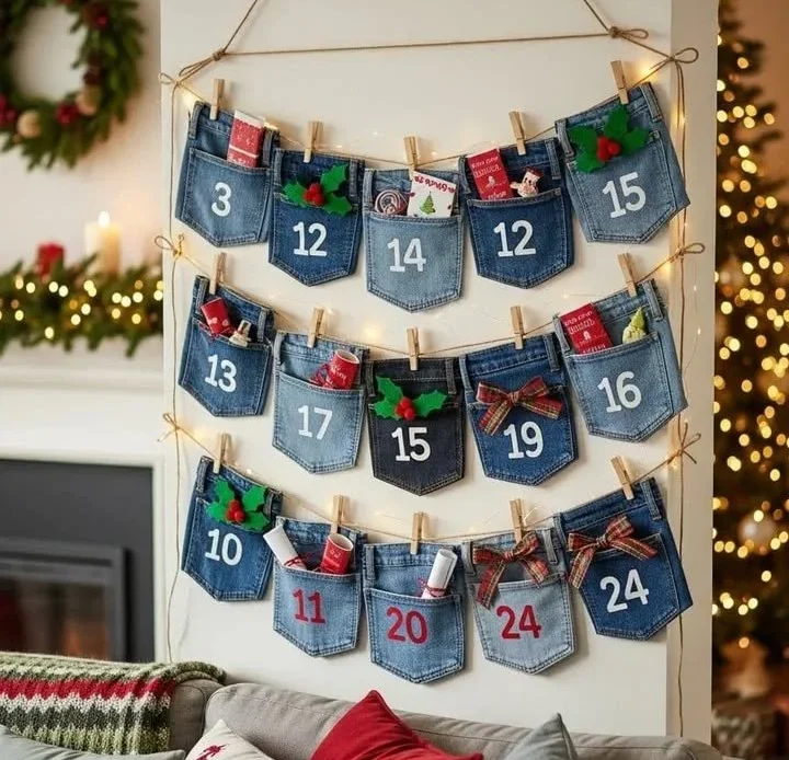 Upcycled denim pocket advent calendar filled with eco-friendly surprises